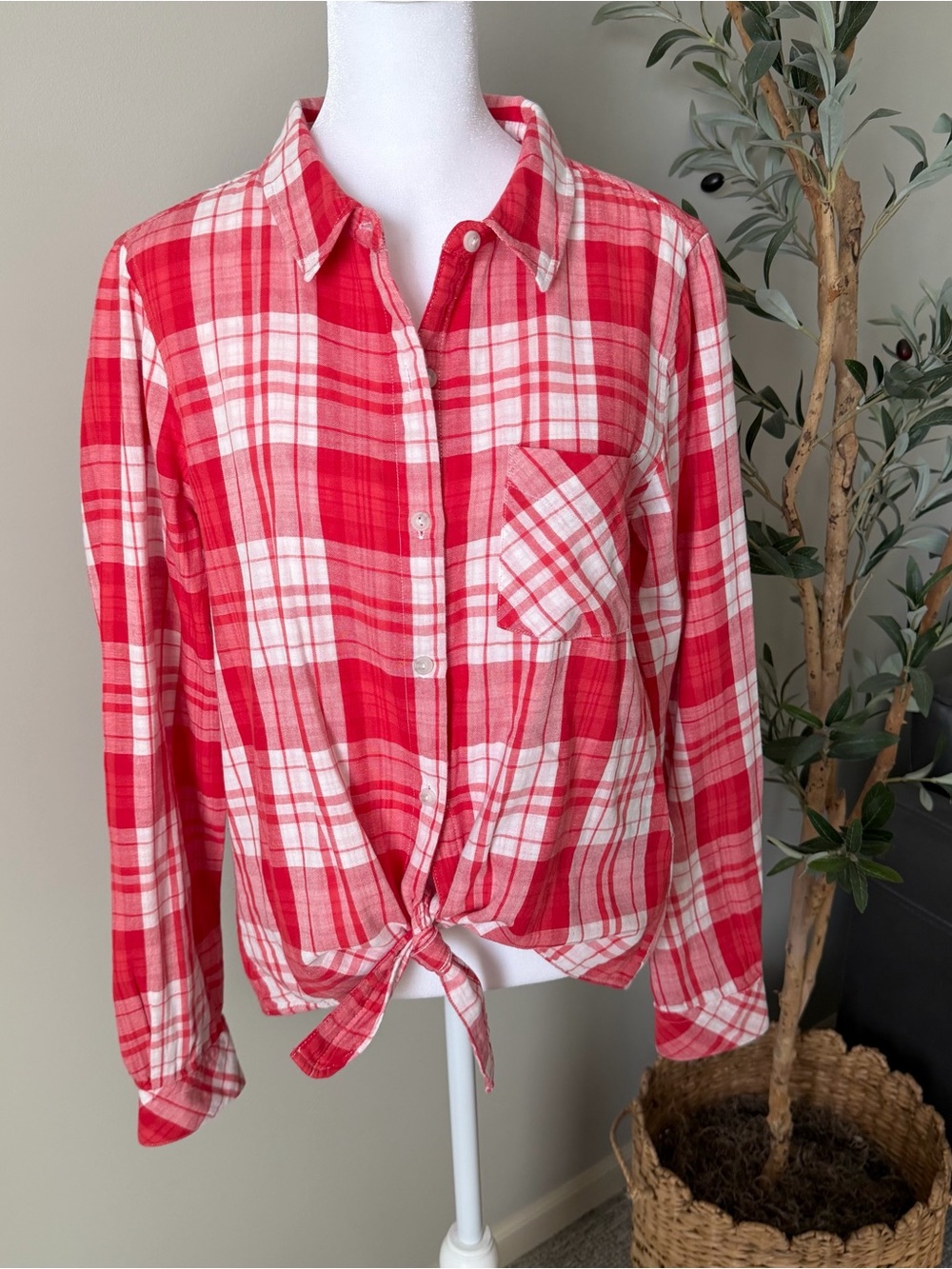 Sanctuary Red and White Plaid Tie-Front Button-Down Shirt